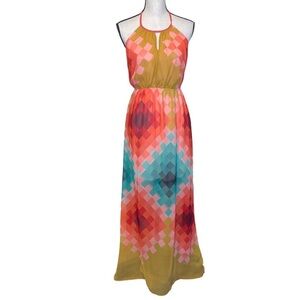 Gianni Bini Multi Colored Geometric‎ Pattern Flowey Halter Summer Maxi Dress S